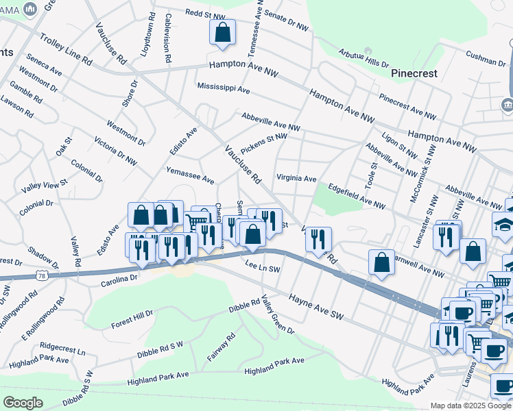 map of restaurants, bars, coffee shops, grocery stores, and more near 2901 Eutaw Street in Aiken