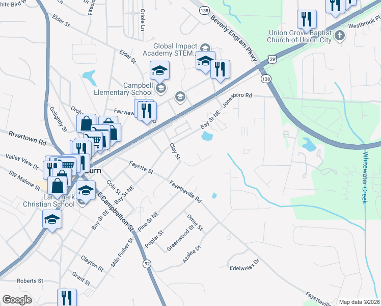 map of restaurants, bars, coffee shops, grocery stores, and more near 107 Spring Court in Fairburn