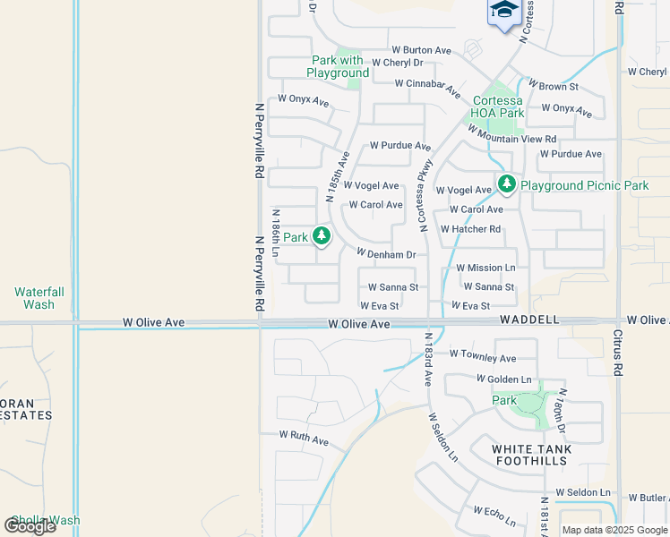 map of restaurants, bars, coffee shops, grocery stores, and more near 18507 West Mission Lane in Waddell