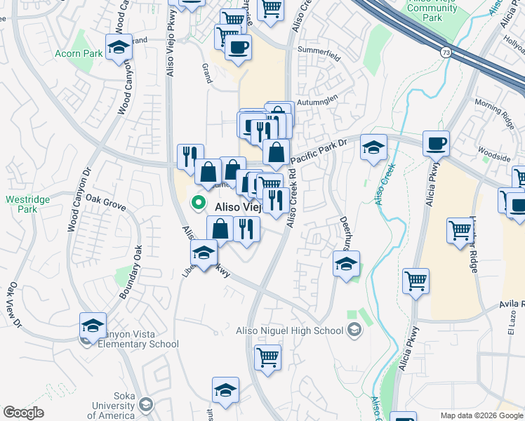 map of restaurants, bars, coffee shops, grocery stores, and more near 27121 Aliso Creek Road in Aliso Viejo