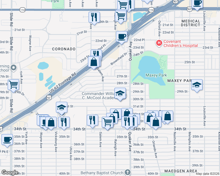 map of restaurants, bars, coffee shops, grocery stores, and more near 4428 29th Street in Lubbock