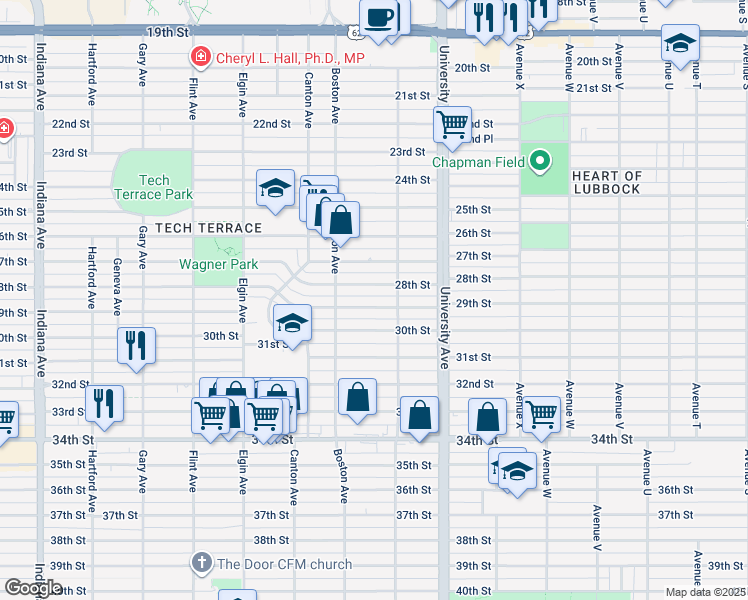 map of restaurants, bars, coffee shops, grocery stores, and more near 2615 28th Street in Lubbock