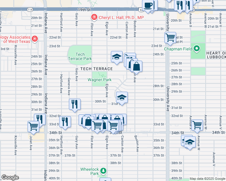 map of restaurants, bars, coffee shops, grocery stores, and more near 2811 28th Street in Lubbock