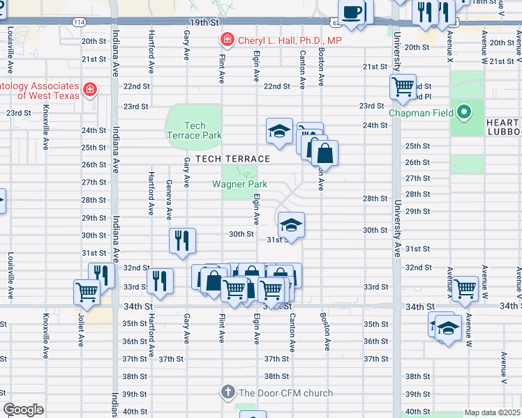map of restaurants, bars, coffee shops, grocery stores, and more near 2811 28th Street in Lubbock