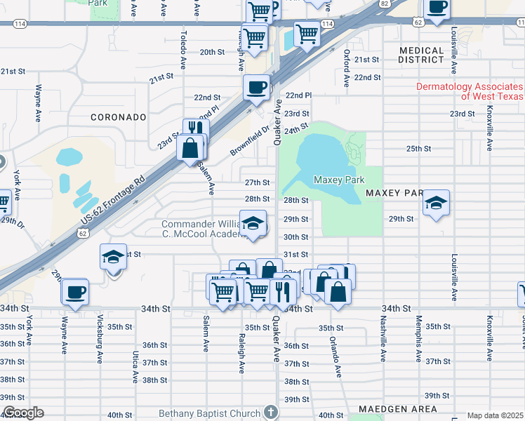 map of restaurants, bars, coffee shops, grocery stores, and more near 4401 28th Street in Lubbock