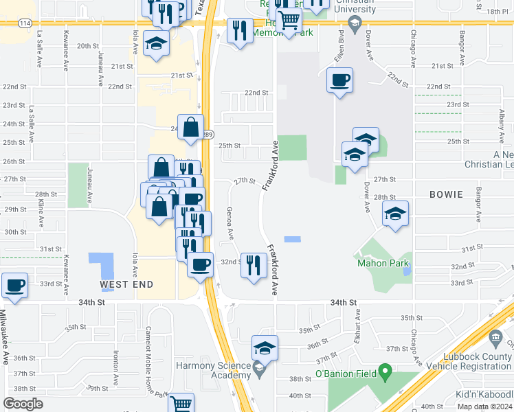 map of restaurants, bars, coffee shops, grocery stores, and more near 2702 Frankford Avenue in Lubbock