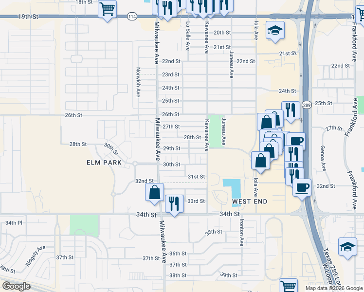 map of restaurants, bars, coffee shops, grocery stores, and more near 6324 29th Street in Lubbock