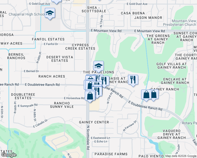 map of restaurants, bars, coffee shops, grocery stores, and more near 7272 East Gainey Ranch Road in Scottsdale