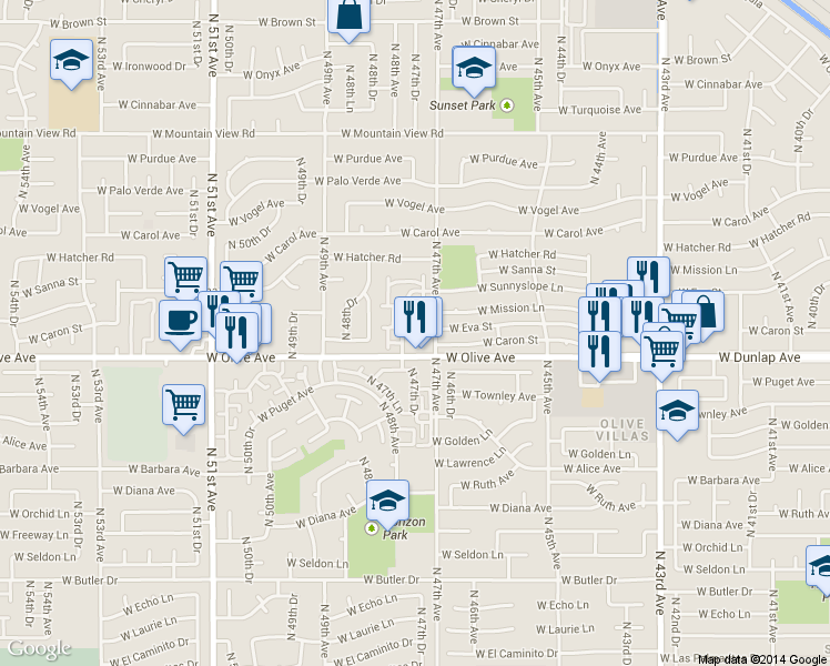 map of restaurants, bars, coffee shops, grocery stores, and more near 4720 West Eva Street in Glendale