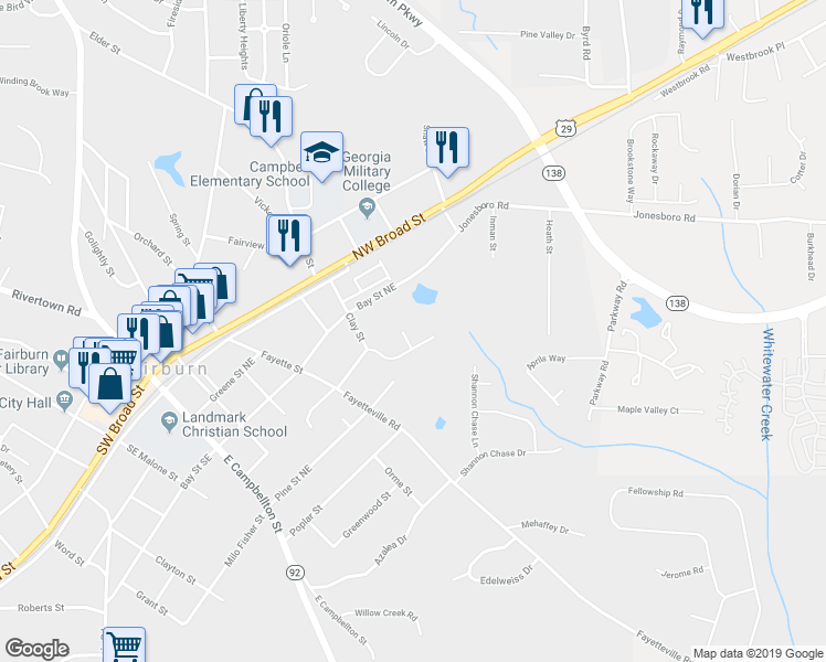 map of restaurants, bars, coffee shops, grocery stores, and more near 106 Spring Court in Fairburn