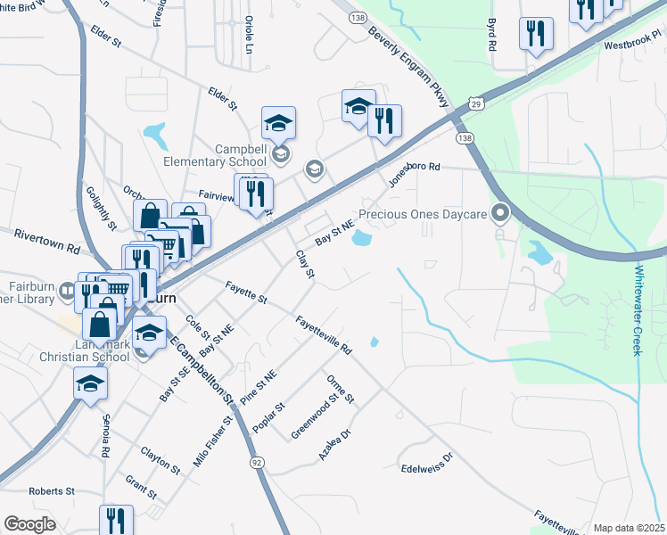 map of restaurants, bars, coffee shops, grocery stores, and more near 106 Spring Court in Fairburn