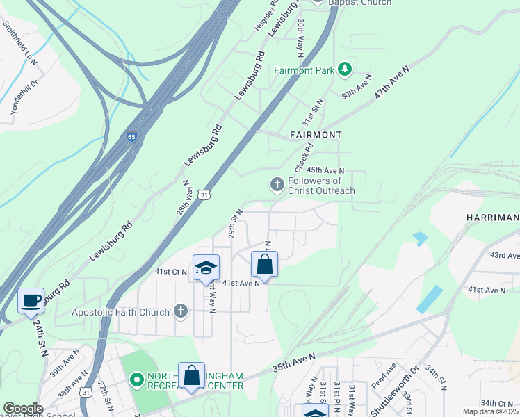 map of restaurants, bars, coffee shops, grocery stores, and more near 2949 42nd Terrace North in Birmingham