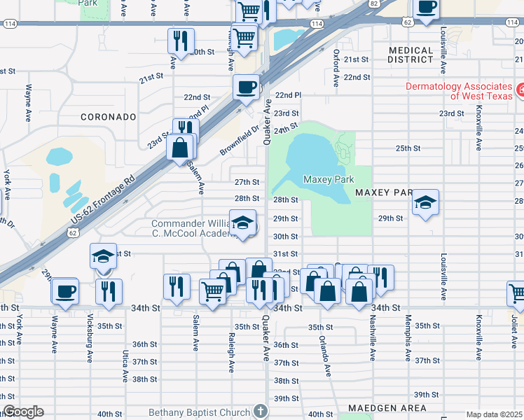 map of restaurants, bars, coffee shops, grocery stores, and more near 4401 28th Street in Lubbock