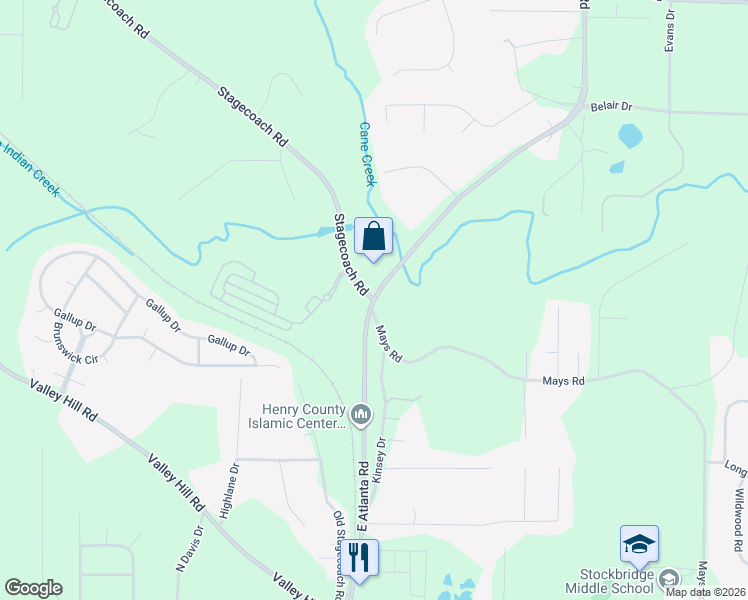 map of restaurants, bars, coffee shops, grocery stores, and more near 875 East Atlanta Road in Stockbridge