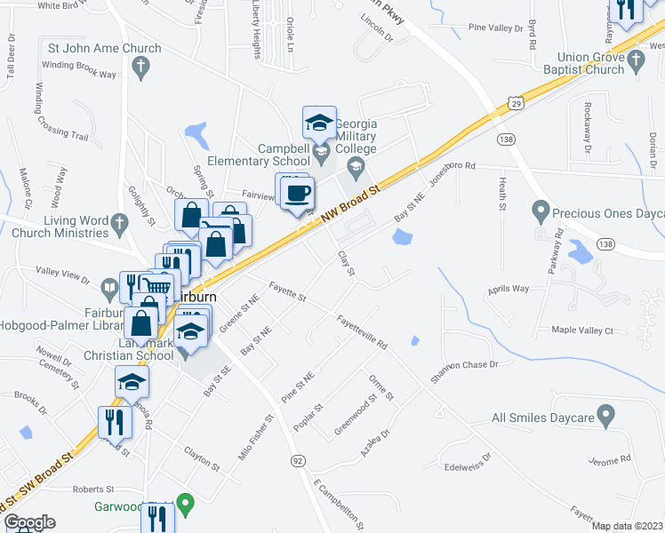 map of restaurants, bars, coffee shops, grocery stores, and more near 205 Bay Street Northeast in Fairburn