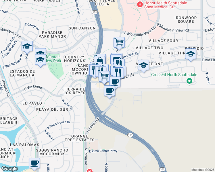map of restaurants, bars, coffee shops, grocery stores, and more near 8969 East Vía Linda in Scottsdale