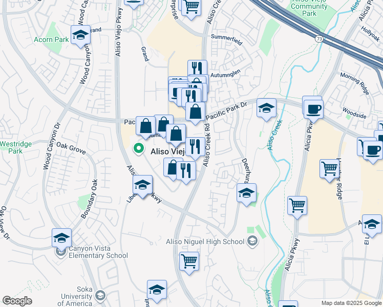 map of restaurants, bars, coffee shops, grocery stores, and more near 27121 Aliso Creek Road in Aliso Viejo