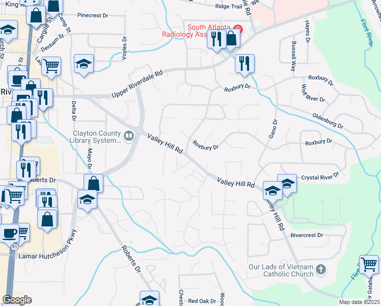 map of restaurants, bars, coffee shops, grocery stores, and more near 6802 Westfield Drive in Riverdale