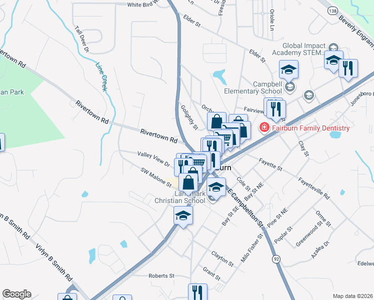 map of restaurants, bars, coffee shops, grocery stores, and more near 80 West Campbellton Street in Fairburn
