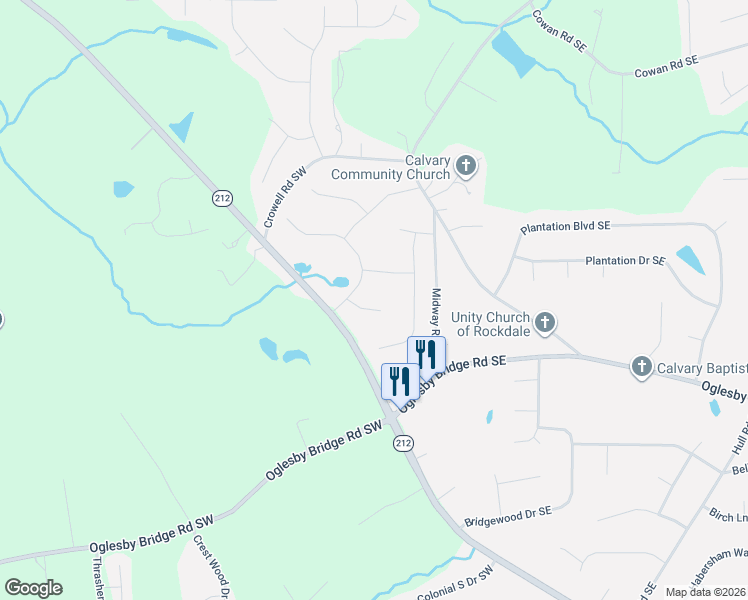 map of restaurants, bars, coffee shops, grocery stores, and more near 1805 Francon Court Southwest in Conyers