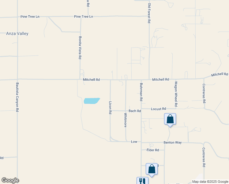 map of restaurants, bars, coffee shops, grocery stores, and more near 38110 Licon Road in Anza