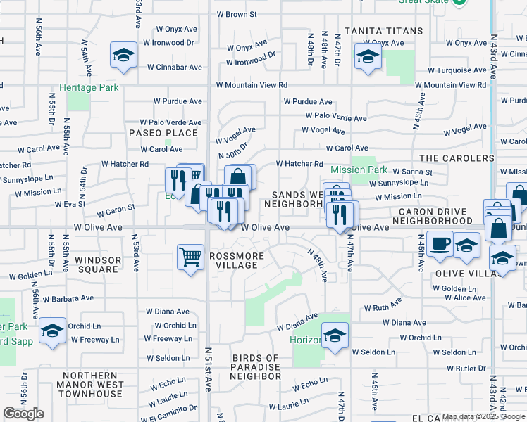 map of restaurants, bars, coffee shops, grocery stores, and more near 9021 North 49th Drive in Glendale