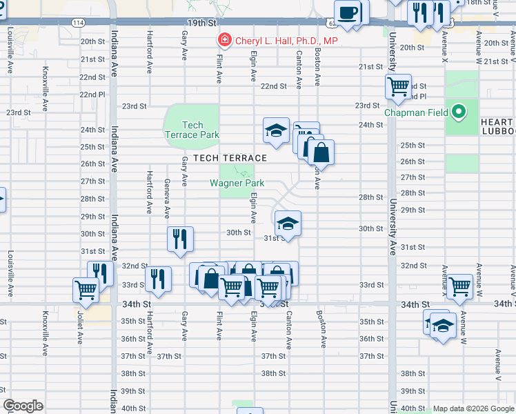 map of restaurants, bars, coffee shops, grocery stores, and more near 2811 28th Street in Lubbock