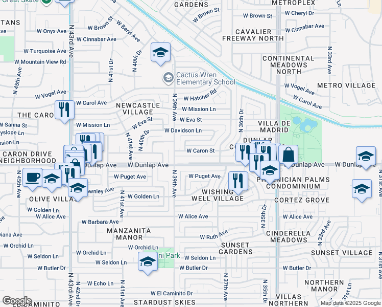 map of restaurants, bars, coffee shops, grocery stores, and more near 3817 West Caron Street in Phoenix