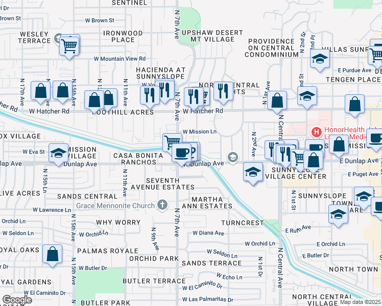 map of restaurants, bars, coffee shops, grocery stores, and more near 637 West Mission Lane in Phoenix