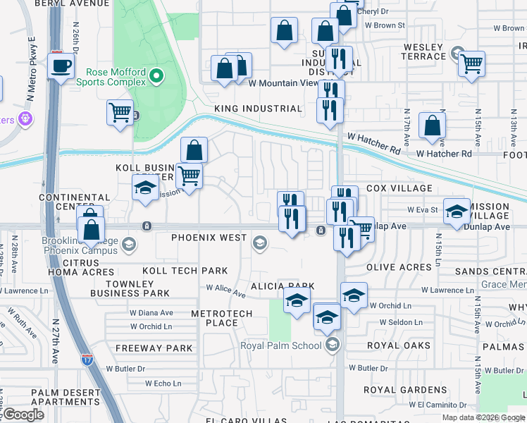 map of restaurants, bars, coffee shops, grocery stores, and more near 2102 West Dunlap Avenue in Phoenix