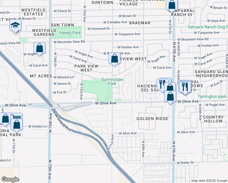 map of restaurants, bars, coffee shops, grocery stores, and more near 7080 West Eva Street in Peoria