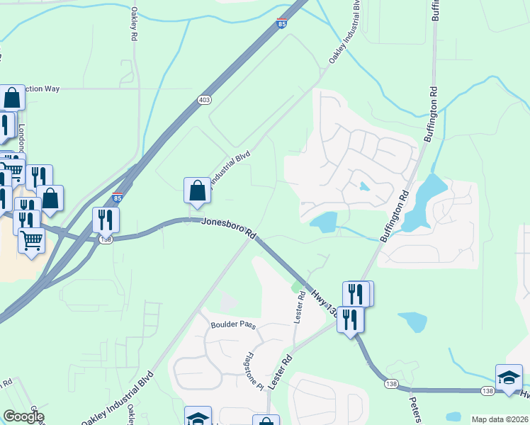 map of restaurants, bars, coffee shops, grocery stores, and more near 6710 Oakley Industrial Boulevard in Union City