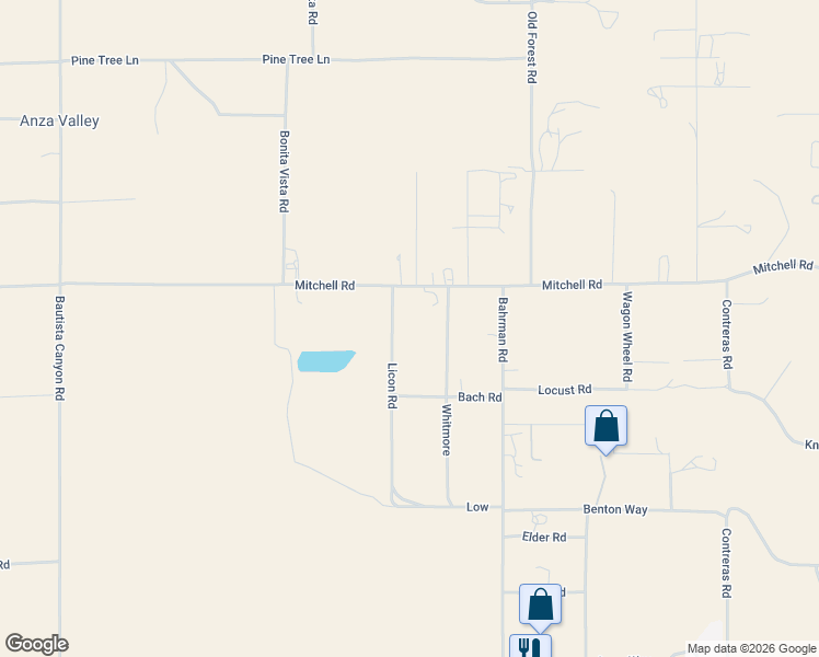 map of restaurants, bars, coffee shops, grocery stores, and more near 38110 Licon Road in Anza