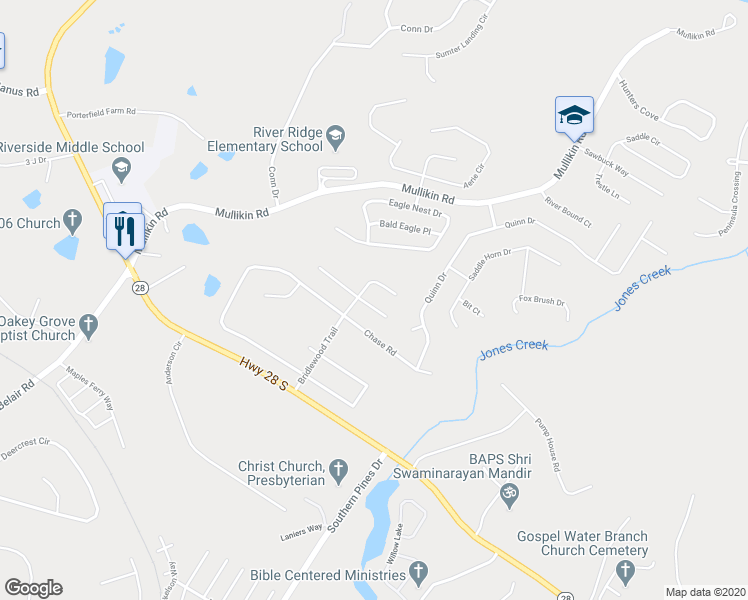 map of restaurants, bars, coffee shops, grocery stores, and more near 759 Winding Creek Court in Evans