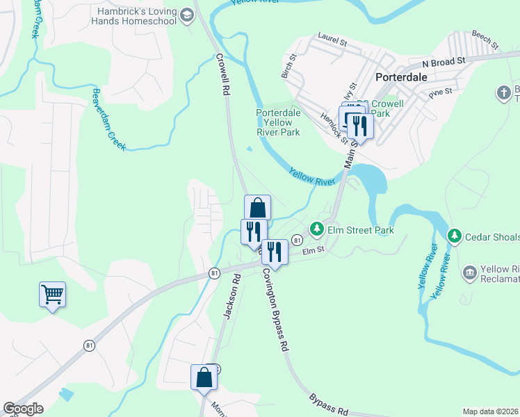 map of restaurants, bars, coffee shops, grocery stores, and more near 605 Crowell Road in Porterdale