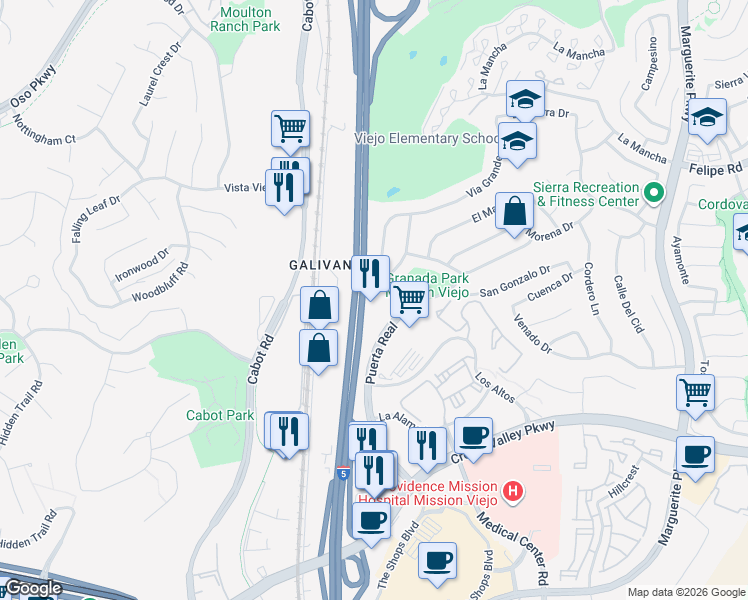 map of restaurants, bars, coffee shops, grocery stores, and more near 27101 Puerta Real in Mission Viejo