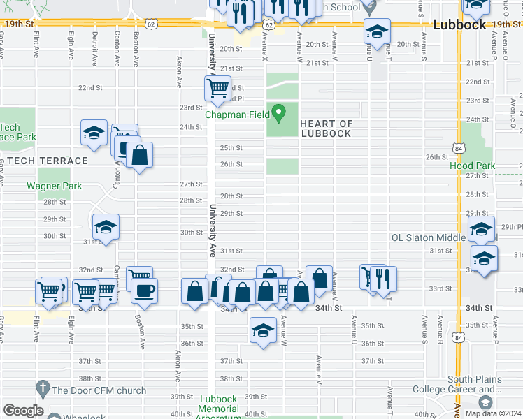 map of restaurants, bars, coffee shops, grocery stores, and more near 2402 29th Street in Lubbock