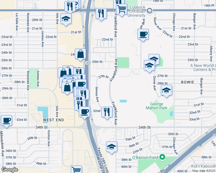 map of restaurants, bars, coffee shops, grocery stores, and more near 2702 Frankford Avenue in Lubbock
