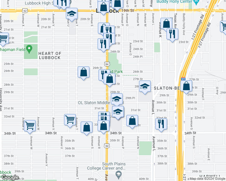 map of restaurants, bars, coffee shops, grocery stores, and more near 1614 29th Street in Lubbock