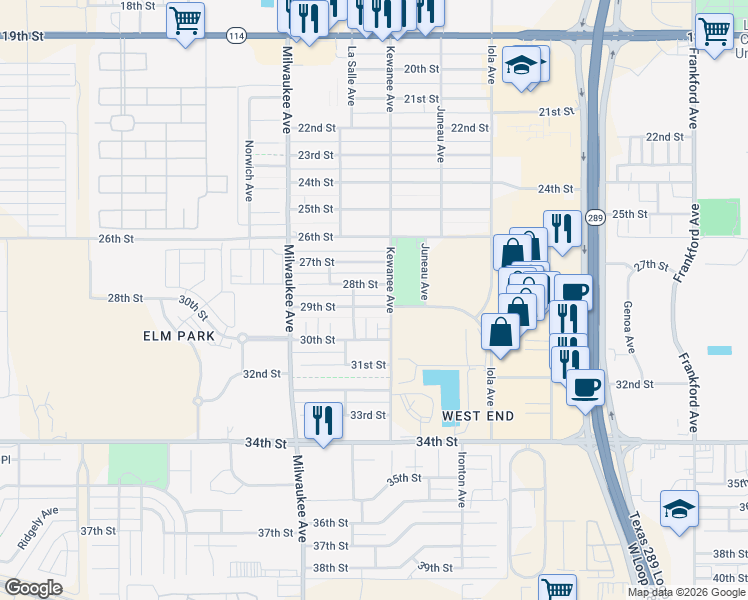 map of restaurants, bars, coffee shops, grocery stores, and more near 6308 29th Street in Lubbock