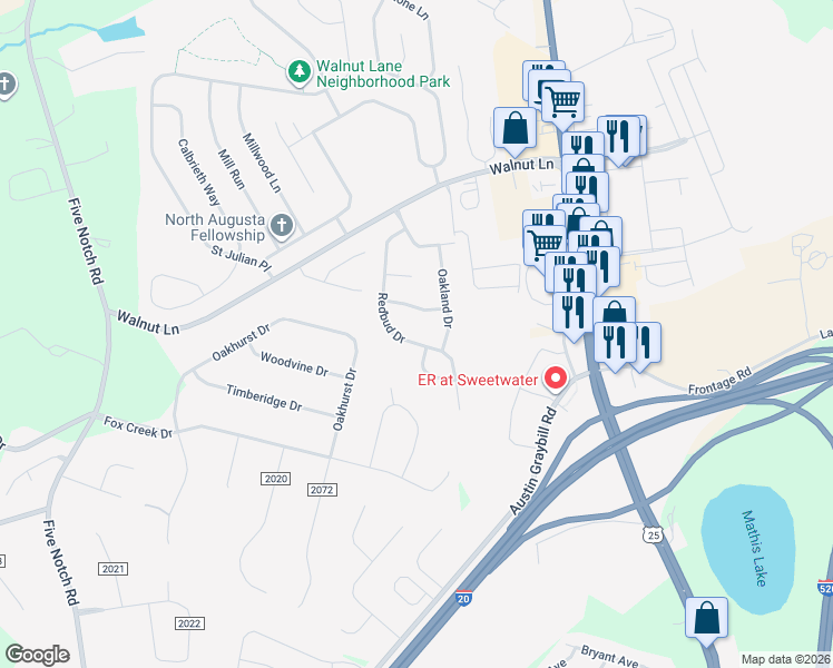 map of restaurants, bars, coffee shops, grocery stores, and more near 261 Redbud Drive in North Augusta