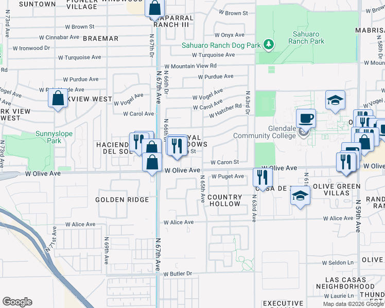 map of restaurants, bars, coffee shops, grocery stores, and more near 6517 West Eva Street in Glendale