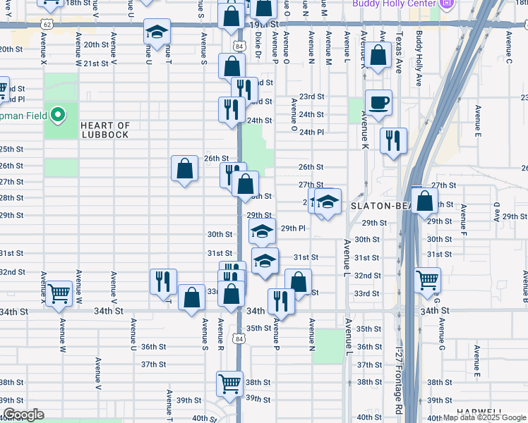 map of restaurants, bars, coffee shops, grocery stores, and more near 1614 29th Street in Lubbock