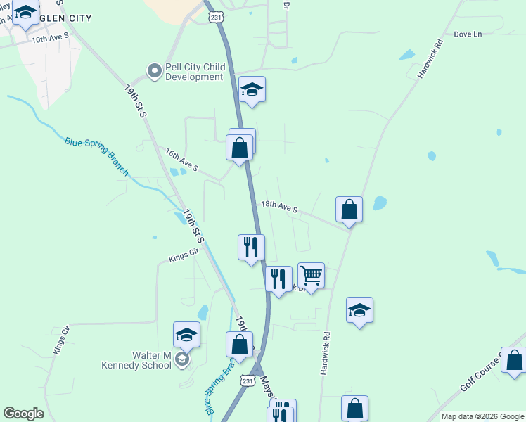 map of restaurants, bars, coffee shops, grocery stores, and more near 1800 Martin Street South in Pell City