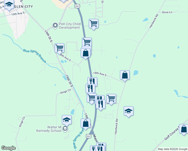 map of restaurants, bars, coffee shops, grocery stores, and more near 1800 Martin Street South in Pell City