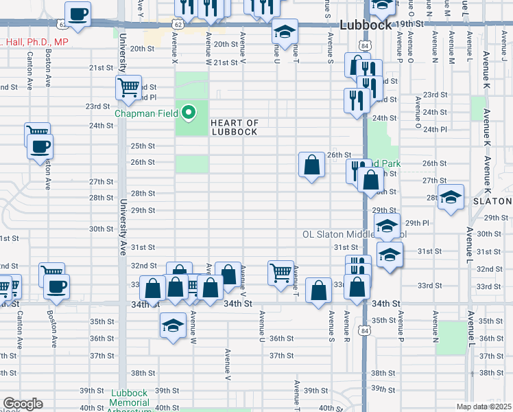 map of restaurants, bars, coffee shops, grocery stores, and more near 2114 29th Street in Lubbock