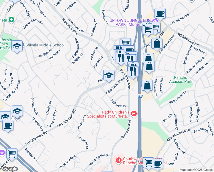 map of restaurants, bars, coffee shops, grocery stores, and more near 40125 Los Alamos Road in Murrieta