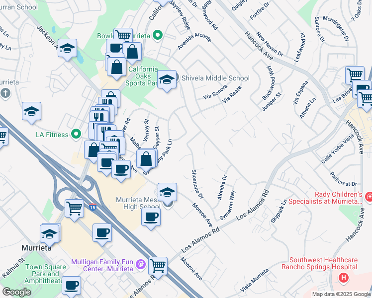 map of restaurants, bars, coffee shops, grocery stores, and more near 24713 Shoshone Drive in Murrieta