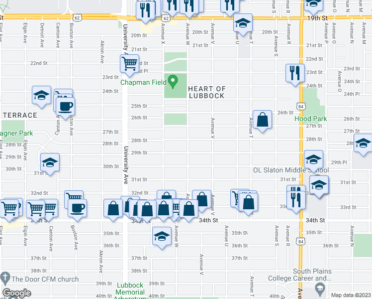 map of restaurants, bars, coffee shops, grocery stores, and more near 2302 29th Street in Lubbock