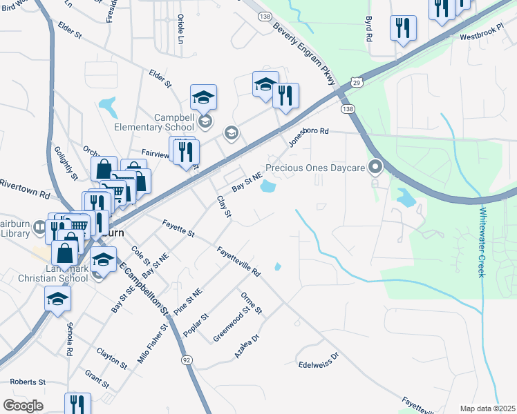 map of restaurants, bars, coffee shops, grocery stores, and more near 116 Spring Court in Fairburn
